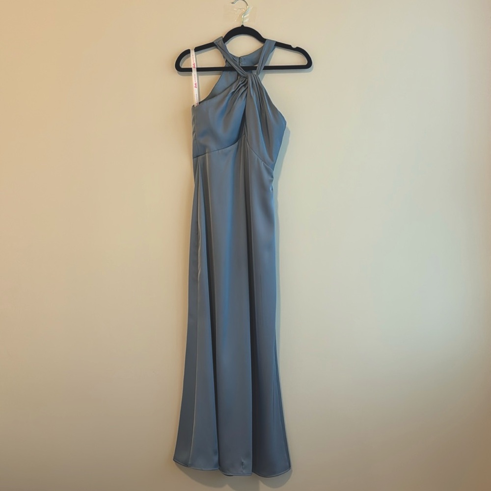 Azazie Keyhole Halter Stretch Satin Sheath Dress - Dusty Blue